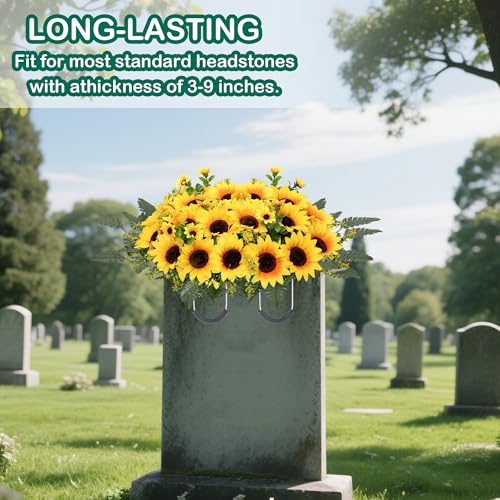 Lodou Artificial Cemetery Flowers for Grave,Headstone Flower Saddle Silk Sunflowers Grave Flowers for Cemetery Memorial for Outdoor Gravesite Decoration (Yellow) - color: Yellow