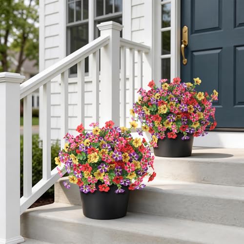 2 Set of Artificial Morning Glory & Eucalyptus Topiary Trees - Faux Silk Flower Potted Plants, UV-Resistant Fake Outdoor Morning Glory Bushes for Front Door, Farmhouse, Garden Decor (Mixed Color) - color: Mixed Color