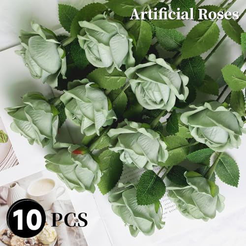 10 PCS Artificial Roses with Long Stems Silk Flowers Realistic Foam Flowers Fake Roses for Valentine's Day Autumn Fall Decor Halloween (Grass Green) - color: Grass Green