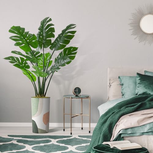 Artificial Tree in Multicolor Textured Geometric Shapes Illustrations Planter, Fake Monstera Silk Tree for Indoor and Outdoor Home Decoration - 65" Overall Tall (Plant Pot Plus Tree) - style: Monstera Plant