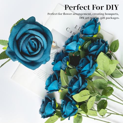 10 PCS Artificial Roses with Long Stems Silk Flowers Realistic Foam Flowers Fake Roses for Valentine's Day Autumn Fall Decor Halloween (Turquoise) - color: Turquoise
