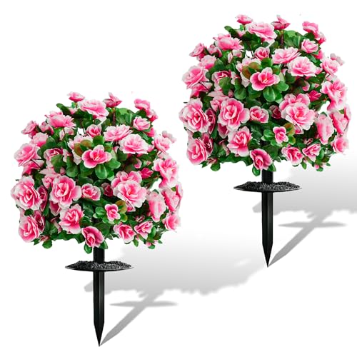 Artificial Flowers for Outdoors, Faux Outdoor Plants Fake Plants Topiary Balls Artificial Outdoor Set of 2 with Ground Spike for Home Front Porch Patio Garden Decor (Pink) - color: Pink