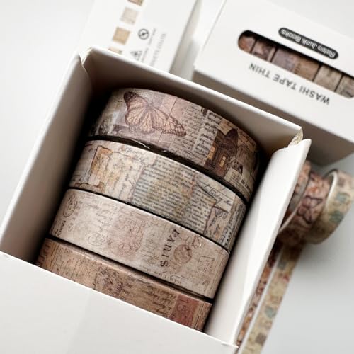 Vintage Washi Tape Set 8 Rolls Thin Retro Decorative Antique Patterns Masking Tapes for Arts, DIY Crafts, Journals, Planners, Scrapbook, Wrapping (Junk Books) - color: Junk Books