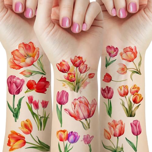 12 Sheets Black & White Watercolor Tulip Temporary Tattoos, Single Stem Bouquet Bud Bloom Pose with Leaves, Fresh Ins Forest Core Style, for Spring Picnic Travel