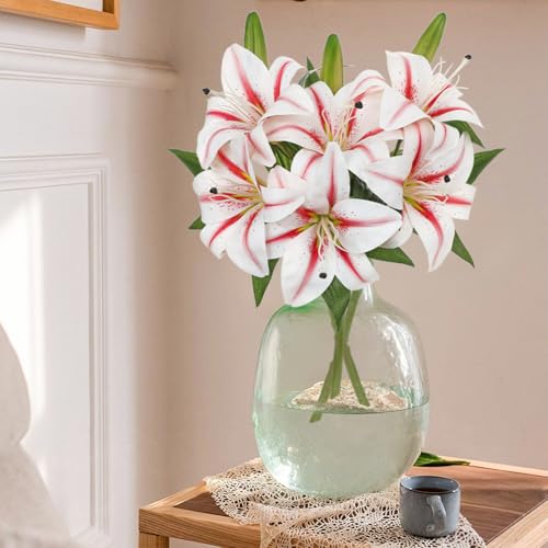 Oairse Artificial Tiger Lily Silk Flowers - 3 Pcs Faux Lily Flower 14.9" Fake Lilies Bouquets Faux Stargazer Lilies Stem with 6 Heads & 3 Buds for Indoor Outdoor Home Table Wedding Decor (White&Pink) - color: White&pink
