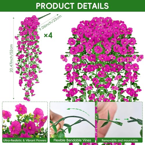 Artificial Hanging Flowers for Outdoors, 4Pcs UV Resistant Artificial Hanging Morning Glory Flowers, Spring Realistic Faux Outdoor Flower for Porch Patio Yard Garden Farmhouse Decor (Fuchsia) - color: Fuchsia