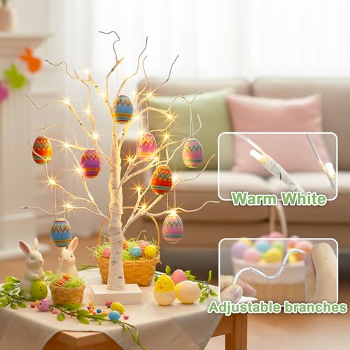 PEIDUO Easter Decorations for Home, 2FT 24LT Egg Tree Lighted with Battery Powered and Timer, Lighted Easter Trees Decor, Pre-lit White Birch Tree for Party Spring Decor - style: Easter tree