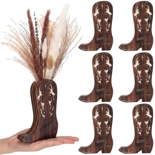 LemonRoad 6 Pcs Wooden Cowboy Boot Vases for Wedding Small Cowboy Boot Flower Vase for Flower Faux Greenery Rustic Western Decor for Table Centerpiece Weddings Party (Dark Brown) - color: Dark Brown, size: Classic