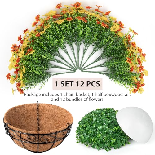 Artificial Fake Hanging Flowers Plants Basket Outdoors, Faux Silk UV Resistant Look Real Daisy Eucalyptus for Spring Summer Garden Porch Home Patio Balcony Yard Decorations, Orange Yellow - color: Orange and Yellow