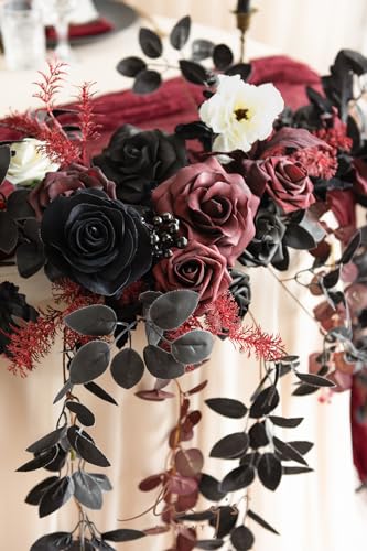 Ling's moment 9FT Eucalyptus & Willow Leaf Garland with White Flower, Handcrafted Wedding Sweetheart Table Centerpieces Head Table Decor Arch Backdrop Decorations for Wedding | Black & Burgundy - color: Red-moody Burgundy & Black