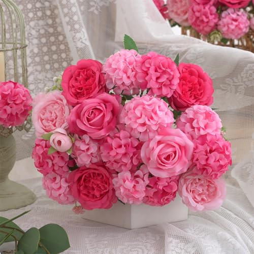 4 Pcs Mixed Artificial Peony Flowers Set-2 Bouquets & 2 Stems, Small Pink Fake Peony Rose Hydrangea Flowers for Vase Silk Floral Arrangements for Table Centerpiece Home Wedding Party Bridal Decoration - color: Mixed Pink, size: Mixed 4pcs