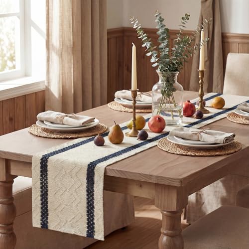 Artoid Mode Dark Blue Stripe Woven Table Runner, Seasonal Holiday Hollow Kitchen Dining Table Decoration for Home Party Decor 12x48 Inch - color: Dark Blue, size: 12" x 48", Table Runner