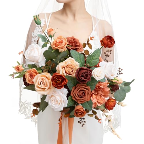 Ling's moment Terracotta Bridal Bouquet, Burnt Orange, 15 Inch | Free Form, Artificial Flowers, Wedding - color: Or-terracotta, size: Medium 15 Inch