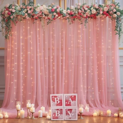 10ft x 10ft Dusty Rose Backdrop Curtain with Lights String for Parties, Sheer Tulle Wedding Photo Backdrops Drapes for Baby Shower Birthday Party Decorations Background for Photography - color: Dusty Rose, size: W5' x H10'(2 panels)