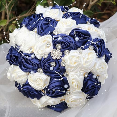 Ujicde Romantic Wedding Bouquet Bridal Bridesmaid Round Bling Brooch Bouquet Throw Toss Artificial Rose Flower Bunch with Sparkle Rhinestone Crystal Decoration(Navy Blue+Ivory,Dia. 6.3"*16cm) - color: Navy Blue+ivory, size: Dia. 6.3"*16cm