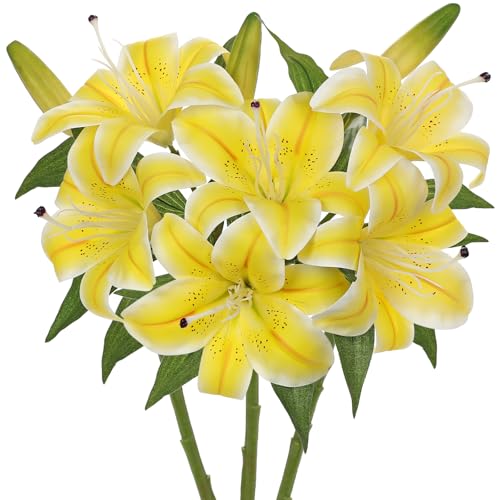 Artificial Tiger Lily Silk Flowers - 3 Pcs Faux Lily Flower 14.9" Fake Lilies Bouquets Faux Stargazer Lilies Stem with 6 Heads & 3 Buds for Indoor Outdoor Home Table Wedding Decor (Bright Yellow) - color: Bright Yellow