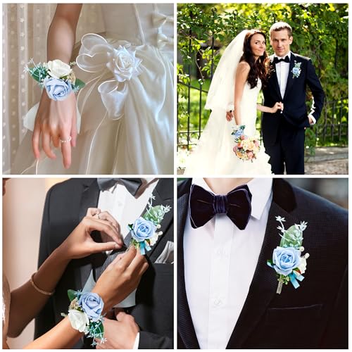 SITUMEIZI 2Pcs Blue Corsage and Boutonniere Set Wrist Corsage Bracelets and Boutonniere for Men Wedding Prom Party Suit Decor - color: Light-blue