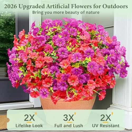 Artificial Flowers for Outdoors, 14 Bundles Fake Outdoor Flowers, UV Resistant Artificial Outdoor Plants & Flowers for Decoration, Colorful Morning Glory for Garden Porch Yard Patio, Fuchsia & Red - color: Fuchsia & Rose Red, size: 14 Bundles
