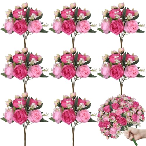 8 Packs Peonies Artificial Flowers, Mixed Pink Artificial Peonies, Silk Peonies Flowers Fake Peonies Artificial Flowers Peonies Bouquet for Centerpiece Table Wedding Party Home Decor - color: Pink, Hot Pink