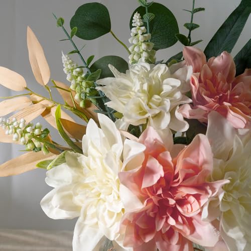 Fake Flowers with Vase Silk Flowers in Vase Dahlia Flowers Arrangement Suitable for Home Office Decoration, Dining Table Centerpiece (Dahlia-White Pink) - color: Dahlia-white Pink