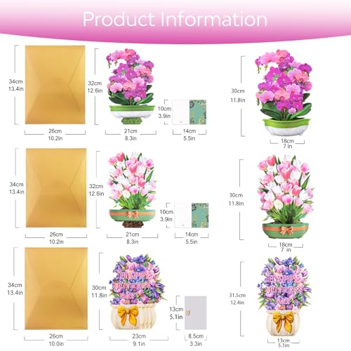 3D Pop Up Flower Bouquet Cards Set of 3 - Orchid Tulip Mothers Day Floral Collection - Birthday Anniversary Thank You for Mom Wife Grandma - Freestanding No Water Everlasting with Gold Envelopes - style: Orchid Tulip Mother's Day