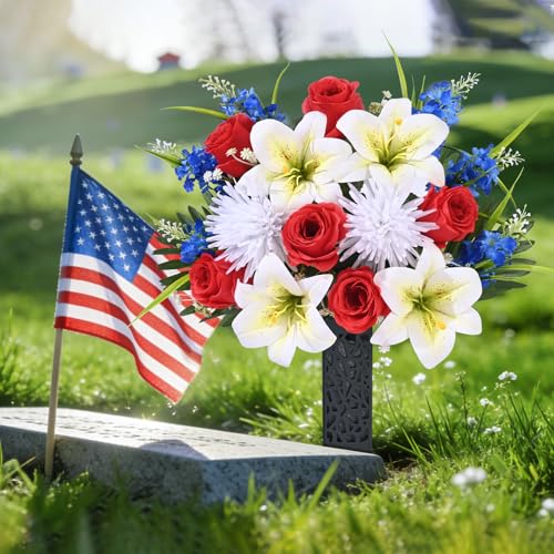 MARTINE MALL 2 Sets Artificial Cemetery Flowers for Grave, Artificial Grave Flowers Memorial Day Flowers for Cemetery Red White Blue Rose Lily Flowers with Vase for Cemetery Grave Decoration