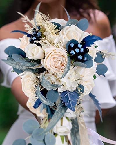 Wedding Bouquets for Bride, 11 Inch Bride Bouquets for Wedding Dusty Blue Artificial Flowers Bridal Bouquet for Wedding Ceremony Anniversary(Dusty Blue) - color: Dusty Blue