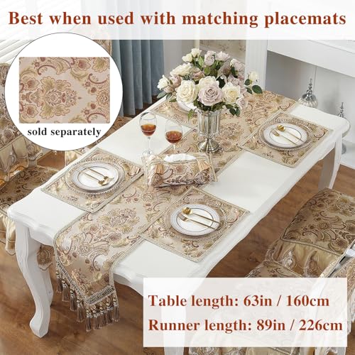 kilofly Elegant Floral Brocade Jacquard Table Runner Tassels (60 x 12 inches) - color: Khaki, size: 60*12 inch