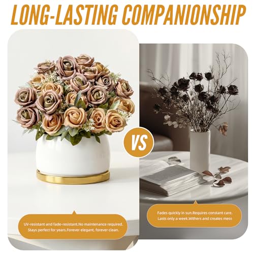 Fake Roses Brown Roses Artificial Roses Silk Roses Artificial Roses with Stems 24 Full Flower Heads Faux Roses for Outdoor Indoor Centerpieces Home Wedding Farmhouse Decor No Vase(4PCS,Brown) - color: Brown 4pcs