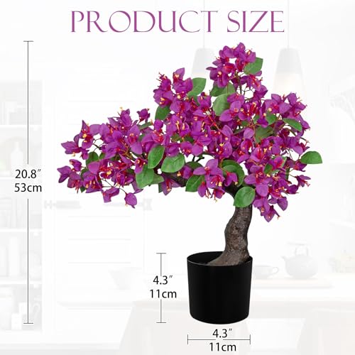 Briful Artificial Bougainvillea Flower Plant 20.8" Bougainvillea Bonsai Tree with Black Pot Silk Bougainvillea Floral Centerpiece for Home Office Room Table Shelf Mantle Decor(Purple) - color: Purple
