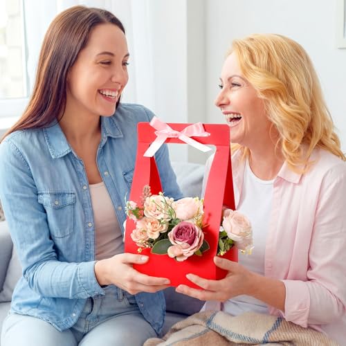 Teling 12 Pcs Mother's Day Flower Boxes for Arrangements Paper Multicolor Flower Gift Bag for Bouquet Portable Waterproof Floral Box with Handle for Wedding Floral Bar Mom Party Decor Florist Supplies - color: Red, Rose Red, Pink, White