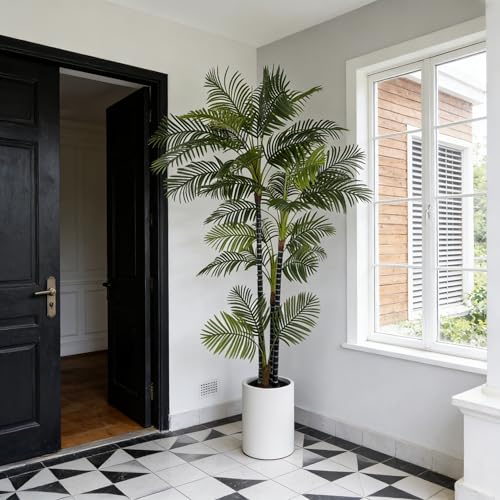 8FT Artificial Palm Tree, Tall Fake Plant Areca Palm in Black Pot, Lifelike Silk Outdoor Faux Trees UV Resistant Large Plant for Indoor House Office Living Room Hotel Villa Decor - color: 8ft-b