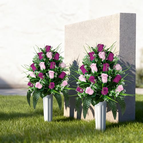 XONOR 2 Sets Artificial Cemetery Flowers, Grave Decorations Roses, Memorial Flowers Bouquet with Vase for Grave Cemetery Decoration (Purple&Pink) - color: Purple&pink