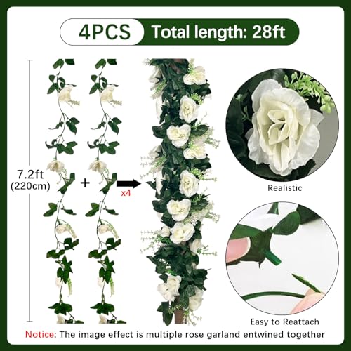 4Pcs 28Ft White Rose Garland, Fake Flower Vines, Artificial Vine Flowers, Rose Hanging Garland for Party Wedding, Garden, Room Table, Christmas, Backdrop Wall Arch Decor - color: White, size: 4Pcs 28Ft