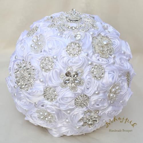 Bridal Wedding Bouquet Round Bling Brooch Bouquet Artificial Rose Flower Bunch for Bride Bridesmaid Wedding Quinceanera(White, 8.7") - color: White, size: Medium (Dia. 8.7"/22cm)
