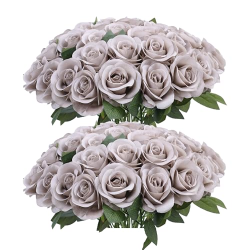 52pcs Grey Roses Artificial Flowers Fake Flowers Silk Roses with Stems for DIY Wedding Bouquets Bridal Shower Centerpieces Arrangements Party Home Decorations - color: Grey