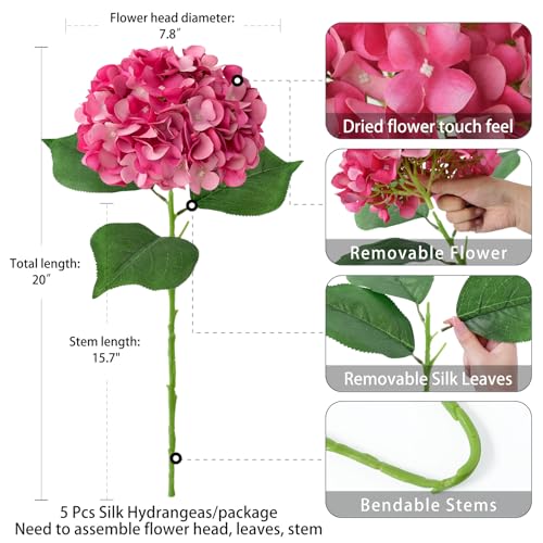 ZYTUYO 5 Pcs Magenta Silk Hydrangeas Artificial Flower Boho Dried Touch 20'' Faux Hydrangeas for Fall Home Decor Kitchen Living Room Porch Wreath Xmas Wedding Flower Arrangement - color: Magenta