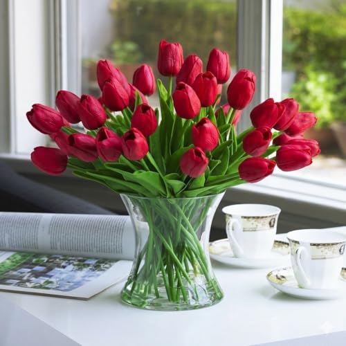 Real Touch Artificial Tulips with Glass Vase and Acrylic Water, 40 Pcs Fake Tulip Flowers Bouquet for Home Office Decor, Silk Flowers Arrangements for Dining Table Wedding Centerpiece (Red) - color: Red