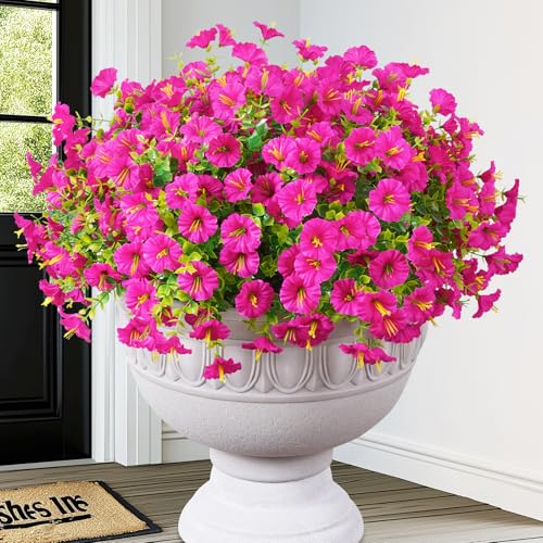MARTINE MALL 12 Bundles Look Real Artificial Flowers for Outdoors, Realistic Fake Outdoor Flowers, UV Resistant Silk Petunia Flowers for Outside Faux Flowers Plants for Outdoor Porch, Fuchsia - color: Fuchsia, size: 12 Bundles