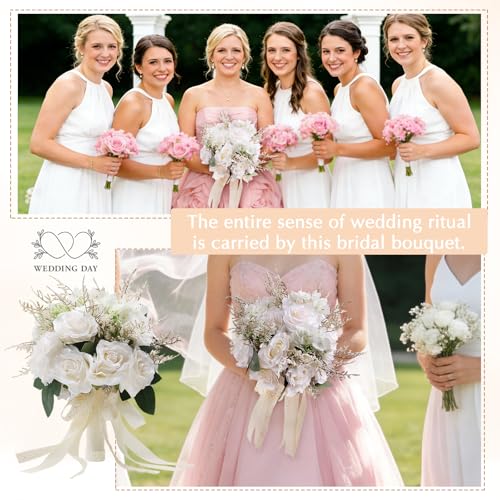 Wedding Bouquets for Bride & Bridesmaid, 10 Inch White Champagne Artificial Roses Flowers for Wedding Ceremony, Church, Party Decoration - color: White Champagne