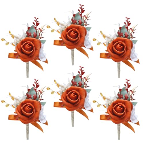 Marriwise 6pcs Rose Boutonniere for Men, Artificial Flowers Wedding Groom Groomsmen Boutonniere for Wedding/Anniversary/Prom/Rustic Wedding/Homecoming (Burnt Orange) - color: Burnt Orange