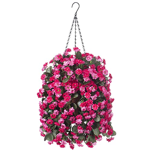 Ammyoo Artificial Flowers in Hanging Basket for Outdoors Spring Decor, Fake Mums Flowers Faux Plants with Basket for Indoors Home Porch Garden Yard Patio Decoration (Rose Red) - color: Rose Red
