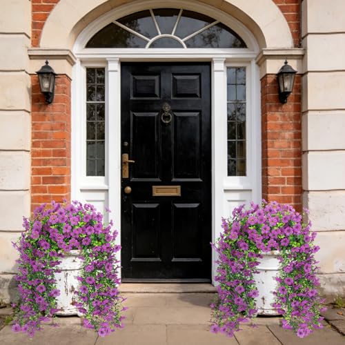 4 Pcs Artificial Hanging Flowers for Outdoor, Fake Silk Daisy Flowers Spring Summer Decoration UV Resistant Faux Plants for Planter Front Door Porch Patio Balcony Yard Decor, Purlple - color: Purlple