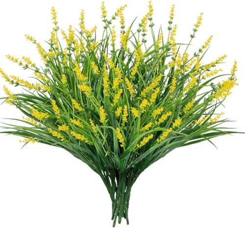 24 Bundles Artificial Plants Flowers Outdoor, Faux Lavender Flowers Fake Monkey Grass UV Resistant Plastic Plant for Porch Garden Patio Window Home Decor, Yellow - color: Yellow