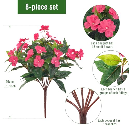 Fake Flowers Artificial Flowers for Outdoor,Silk Artificial Impatiens Bouquet Flowers for Outdoors，Spring Flowers Flores Artificiales para Decoracion Indoor Decor 15.7" (Rose Red) 8PCS - color: Rose Red-8