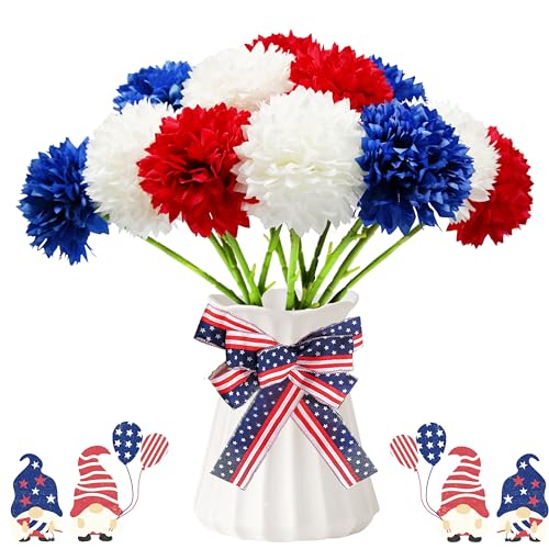 Tinsow 12 pcs Artificial Flower Patriotic Memorial Bouquet Red White and Blue Faux Ball Chrysanthemum Bouquet 4th of July Flowers Silk Flowers Arrangement for Home Party Centerpiece Vase Decor - color: Red, Blue, White
