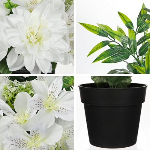 GnFlus White Artificial Flowers Small Fake Flowers in Vase Peonies Dahlia Tiger Lily Potted Silk Flower Arrangements Faux Plants & Flowers Home Bathroom Kitchen Table Centerpieces Desk Decor - color: White