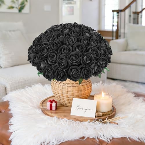 50 PCS Black Roses Artificial Flowers, Fake Roses with Stem Realistic Silk Roses for DIY Wedding Bouquets Table Centerpieces Arrangements Baby Shower Birthday Home Decor Valentine's Day Gift for Her - color: Black