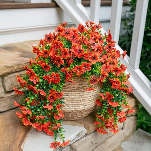 HyeFlora Artificial Fall Flowers for Outdoors Fake Hanging Decoration, 2Pcs Orange Daisy with Autumn Leaves, Realistic Plants Decor, UV & Fading Resistant Silk Flower for Porch Patio Balcony - color: Orange