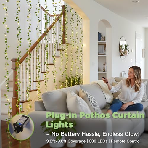 suddus 300 LED Vines with Lights Plug in, 9.8ft x 9.8ft Fairy Lights with Vines, Pothos Curtain Lights for Wall, Bedroom, Dorm, Wedding, Party, Indoor, Outdoor Decor(Warm White) - color: Pothos, size: Plug In-300Led